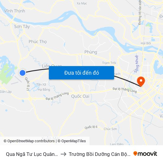 Qua Ngã Tư Lục Quân - Quốc Lộ 21a to Trường Bồi Dưỡng Cán Bộ Giáo Dục Hà Nội map