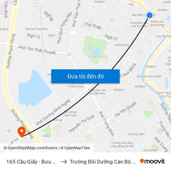 165 Cầu Giấy - Bưu Điện Cầu Giấy to Trường Bồi Dưỡng Cán Bộ Giáo Dục Hà Nội map
