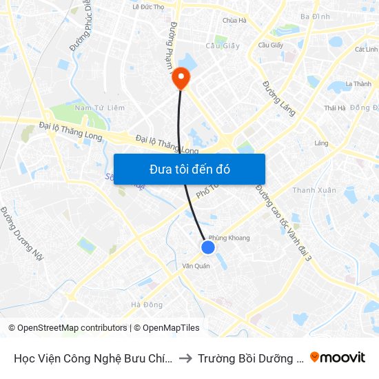 Học Viện Công Nghệ Bưu Chính Viễn Thông - Trần Phú (Hà Đông) to Trường Bồi Dưỡng Cán Bộ Giáo Dục Hà Nội map