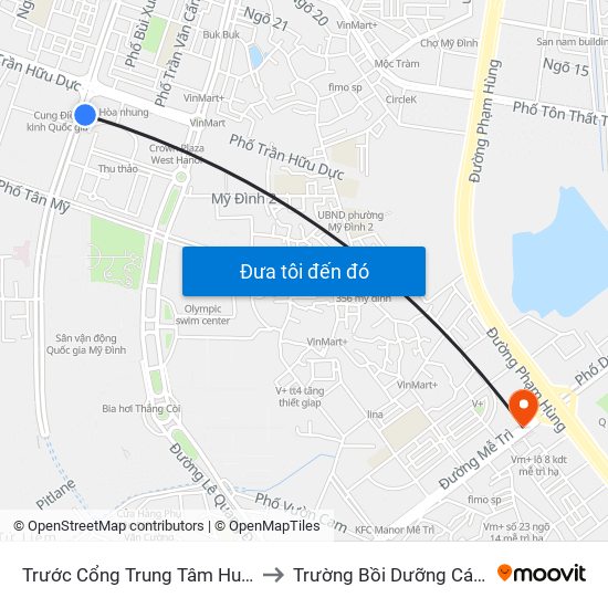 Trước Cổng Trung Tâm Huấn Luyện Và Thi Đấu Tdtt to Trường Bồi Dưỡng Cán Bộ Giáo Dục Hà Nội map