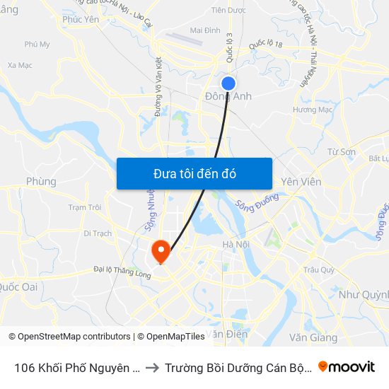 106 Khối Phố Nguyên Khê, Đông Anh to Trường Bồi Dưỡng Cán Bộ Giáo Dục Hà Nội map