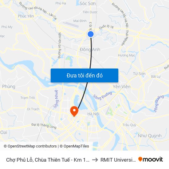 Chợ Phủ Lỗ, Chùa Thiên Tuế - Km 18+600 Quốc Lộ 3 to RMIT University Hanoi map