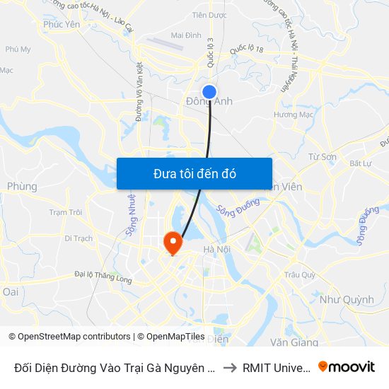 Đối Diện Đường Vào Trại Gà Nguyên Khê - Km 15+750 Quốc Lộ 3 to RMIT University Hanoi map