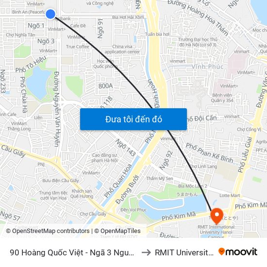 90 Hoàng Quốc Việt - Ngã 3 Nguyễn Văn Huyên to RMIT University Hanoi map