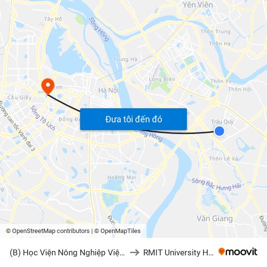 (B) Học Viện Nông Nghiệp Việt Nam to RMIT University Hanoi map