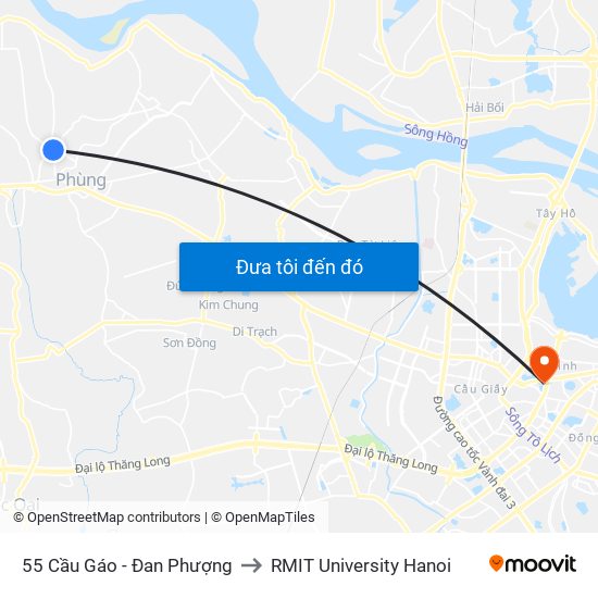 55 Cầu Gáo - Đan Phượng to RMIT University Hanoi map