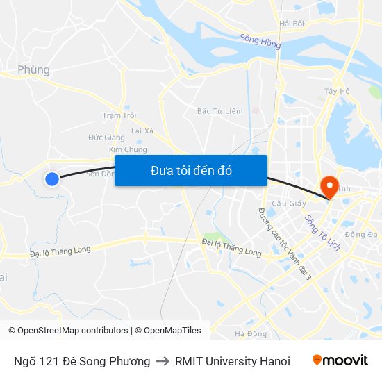 Ngõ 121 Đê Song Phương to RMIT University Hanoi map