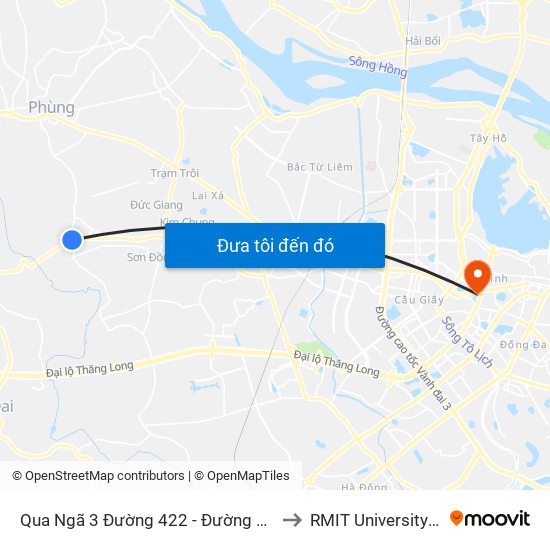 Qua Ngã 3 Đường 422 - Đường Cơ Đê 50m to RMIT University Hanoi map