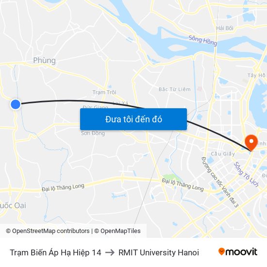Trạm Biến Áp Hạ Hiệp 14 to RMIT University Hanoi map