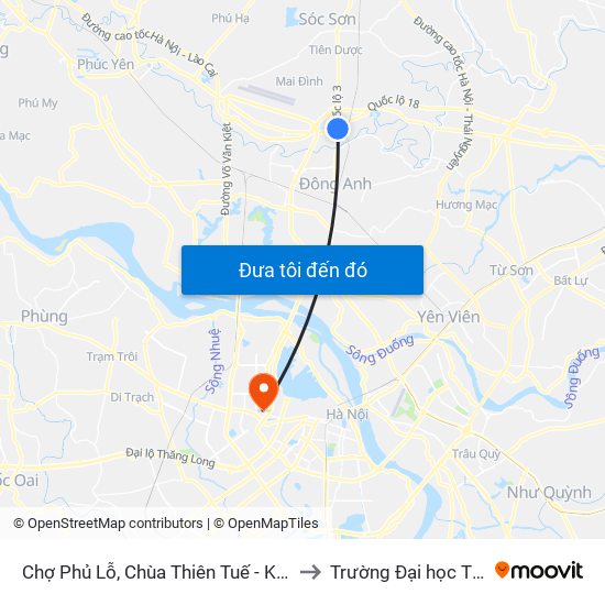 Chợ Phủ Lỗ, Chùa Thiên Tuế - Km 18+600 Quốc Lộ 3 to Trường Đại học Thủ đô Hà Nội map