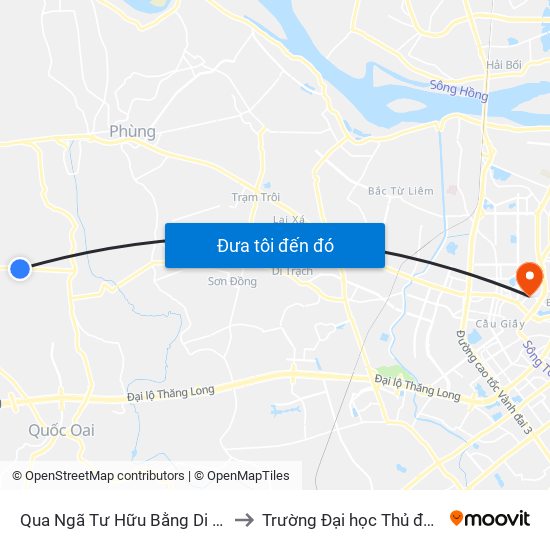 Qua Ngã Tư Hữu Bằng Di Nậu 30m to Trường Đại học Thủ đô Hà Nội map