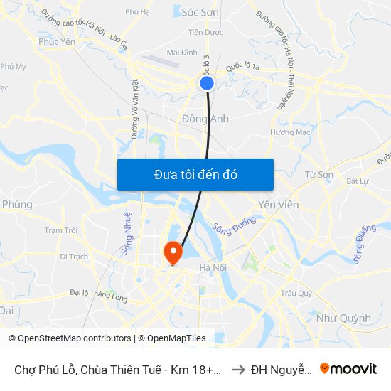 Chợ Phủ Lỗ, Chùa Thiên Tuế - Km 18+600 Quốc Lộ 3 to ĐH Nguyễn Trãi map