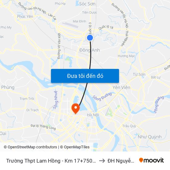 Trường Thpt Lam Hồng - Km 17+750 Quốc Lộ 3 to ĐH Nguyễn Trãi map