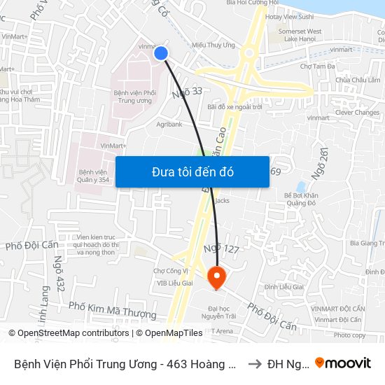 Bệnh Viện Phổi Trung Ương - 463 Hoàng Hoa Thám (Đối Diện 410 Hoàng Hoa Thám) to ĐH Nguyễn Trãi map