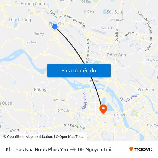 Kho Bạc Nhà Nước Phúc Yên to ĐH Nguyễn Trãi map
