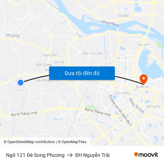 Ngõ 121 Đê Song Phương to ĐH Nguyễn Trãi map