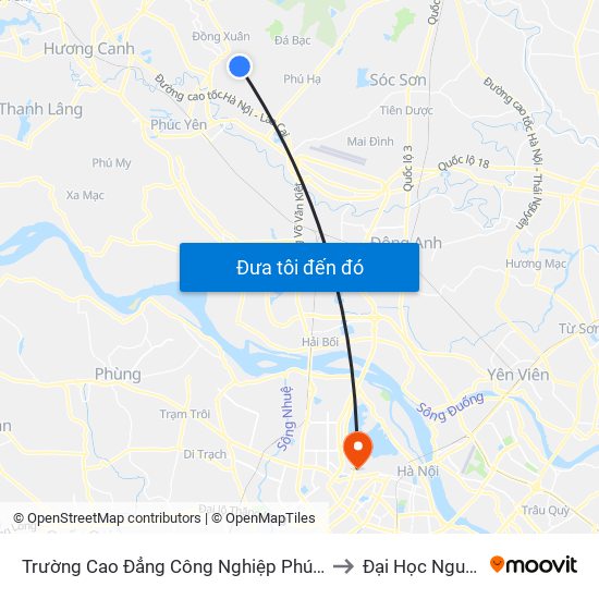 Trường Cao Đẳng Công Nghiệp Phúc Yên (Chiều Về) to Đại Học Nguyễn Trãi map