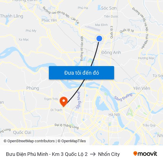 Bưu Điện Phú Minh - Km 3 Quốc Lộ 2 to Nhổn City map