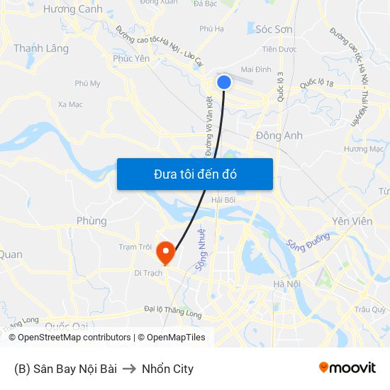 (B) Sân Bay Nội Bài to Nhổn City map