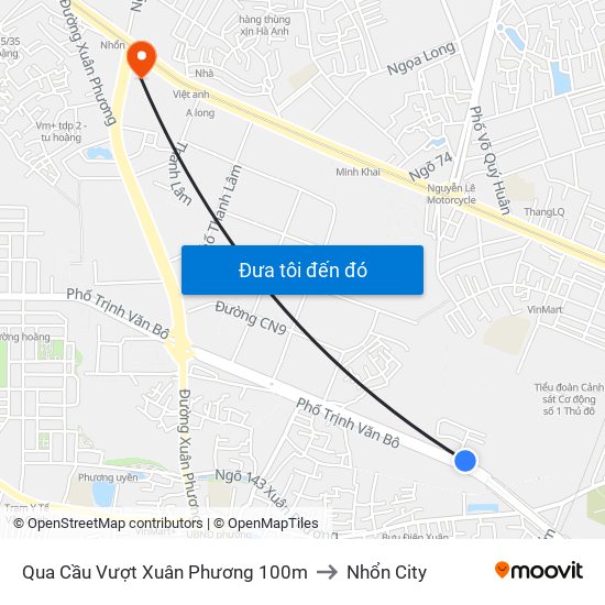 Qua Cầu Vượt Xuân Phương 100m to Nhổn City map