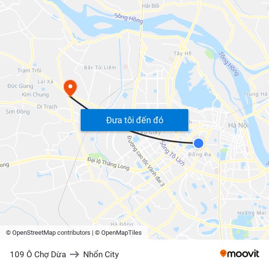 109 Ô Chợ Dừa to Nhổn City map