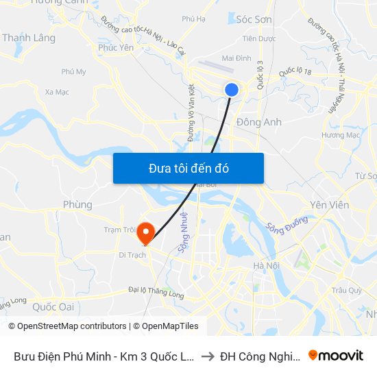 Bưu Điện Phú Minh - Km 3 Quốc Lộ 2 to ĐH Công Nghiệp map