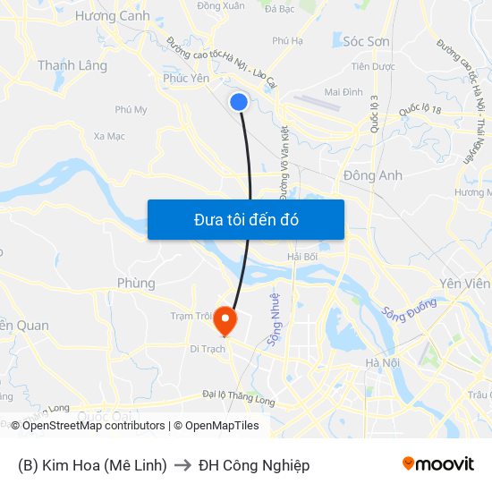 (B) Kim Hoa (Mê Linh) to ĐH Công Nghiệp map