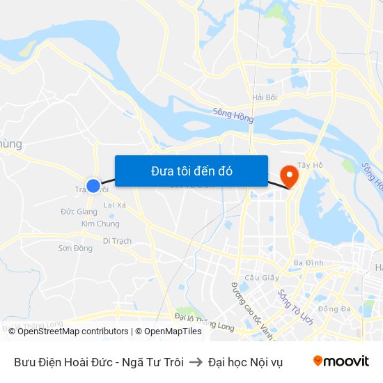 Bưu Điện Hoài Đức - Ngã Tư Trôi to Đại học Nội vụ map