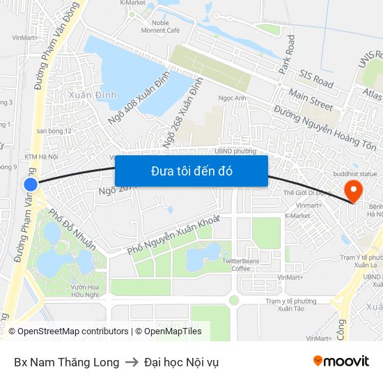Bx Nam Thăng Long to Đại học Nội vụ map