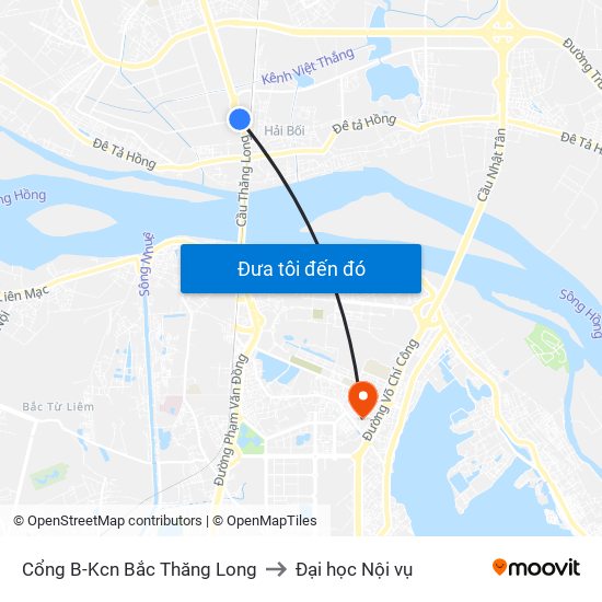 Cổng B-Kcn Bắc Thăng Long to Đại học Nội vụ map