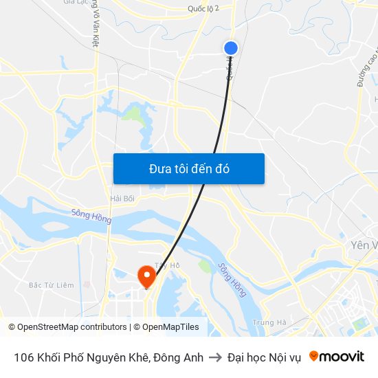 106 Khối Phố Nguyên Khê, Đông Anh to Đại học Nội vụ map