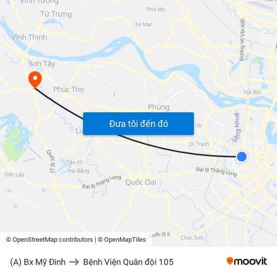 (A) Bx Mỹ Đình to Bệnh Viện Quân đội 105 map