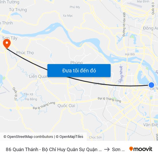 86 Quán Thánh - Bộ Chỉ Huy Quân Sự Quận Ba Đình to Sơn Tây map