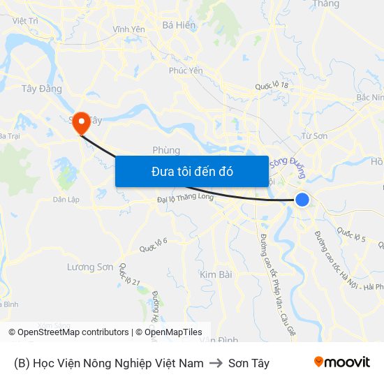 (B) Học Viện Nông Nghiệp Việt Nam to Sơn Tây map