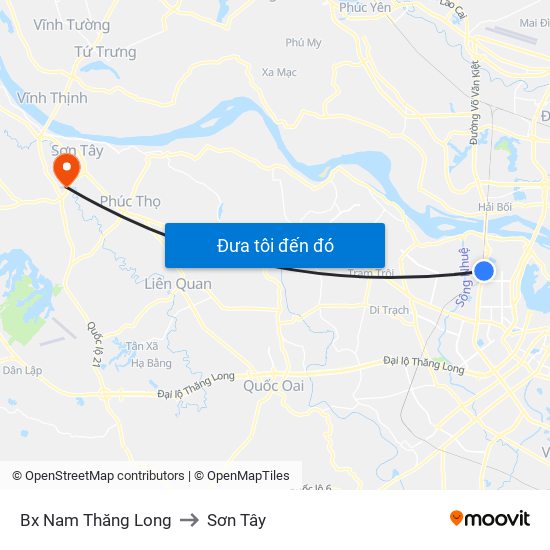 Bx Nam Thăng Long to Sơn Tây map