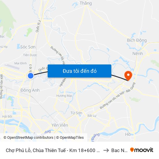Chợ Phủ Lỗ, Chùa Thiên Tuế - Km 18+600 Quốc Lộ 3 to Bac Ninh map