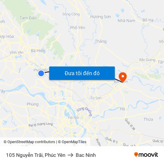 105 Nguyễn Trãi, Phúc Yên to Bac Ninh map