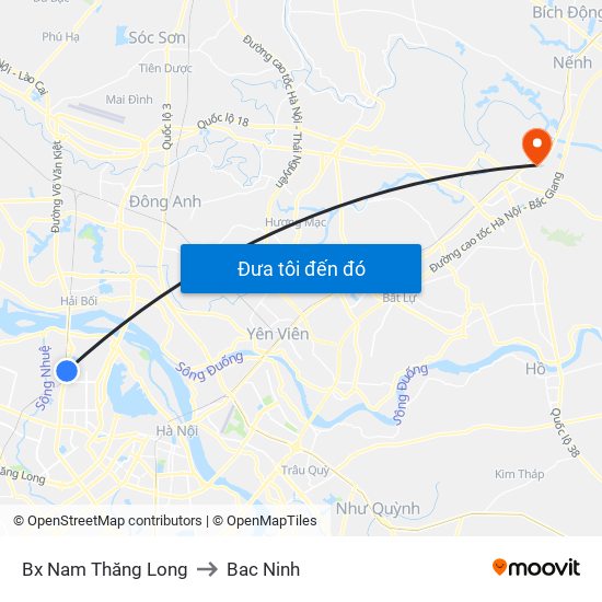 Bx Nam Thăng Long to Bac Ninh map