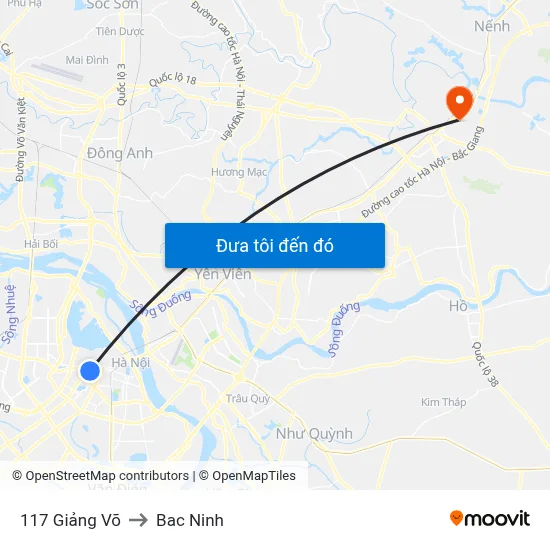 117 Giảng Võ to Bac Ninh map