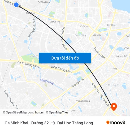 Ga Minh Khai - Đường 32 to Đại Học Thăng Long map