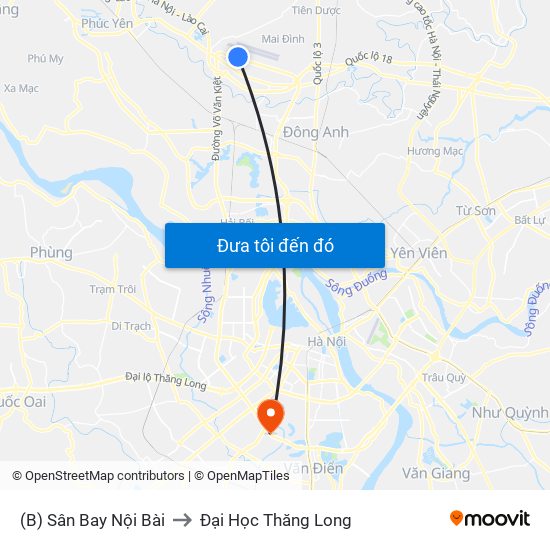 (B) Sân Bay Nội Bài to Đại Học Thăng Long map