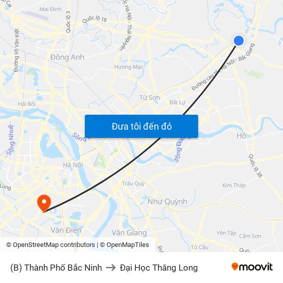 (B) Thành Phố Bắc Ninh to Đại Học Thăng Long map