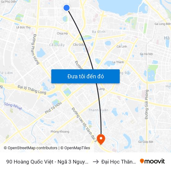 90 Hoàng Quốc Việt - Ngã 3 Nguyễn Văn Huyên to Đại Học Thăng Long map