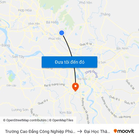 Trường Cao Đẳng Công Nghiệp Phúc Yên (Chiều Về) to Đại Học Thăng Long map