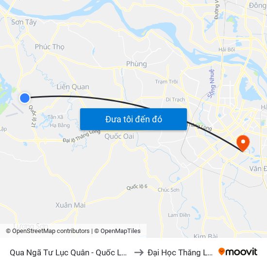 Qua Ngã Tư Lục Quân - Quốc Lộ 21a to Đại Học Thăng Long map