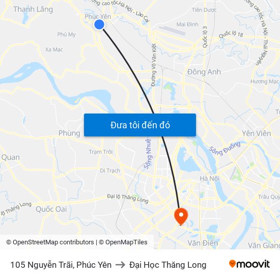 105 Nguyễn Trãi, Phúc Yên to Đại Học Thăng Long map