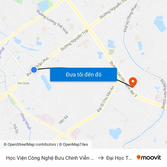 Học Viện Công Nghệ Bưu Chính Viễn Thông - Trần Phú (Hà Đông) to Đại Học Thăng Long map