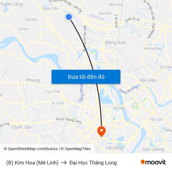 (B) Kim Hoa (Mê Linh) to Đại Học Thăng Long map