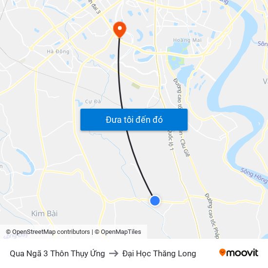 Qua Ngã 3 Thôn Thụy Ứng to Đại Học Thăng Long map