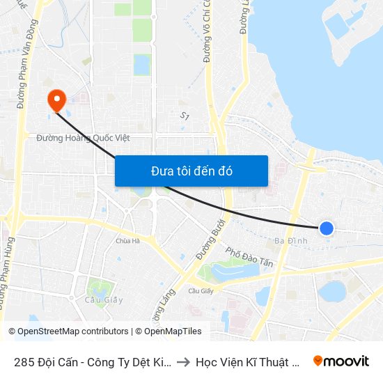 285 Đội Cấn - Công Ty Dệt Kim Hà Nội to Học Viện Kĩ Thuật Quân Sự map